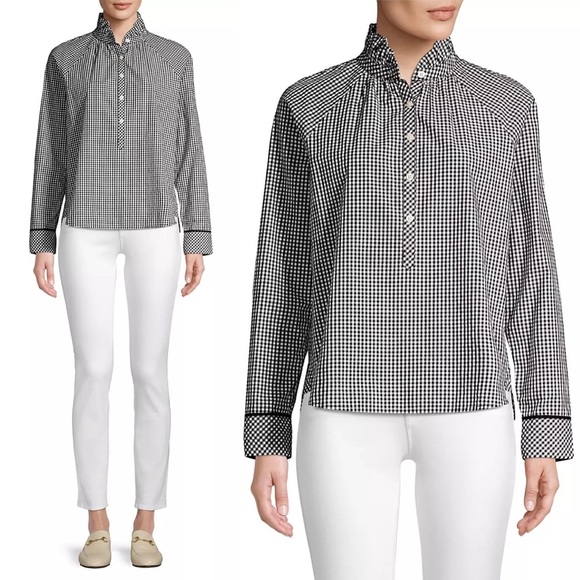 Vineyard Vines Gingham Ruffle Popover Blouse Shirt Top Black Raglan Poplin US 6 - Picture 2 of 10
